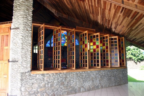 Colorful stained glass windows outside...